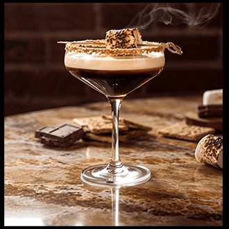 A chocolate dessert cocktail in a martini glass with a toasted marshmallow and graham cracker crust rim